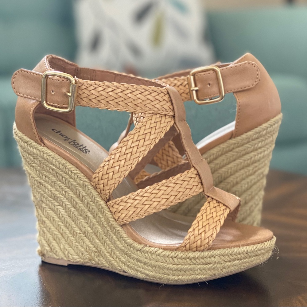 Tan Strapped Wedges SIZE 6